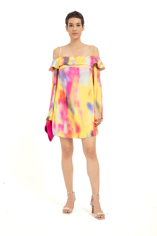 Tie Dye Off Shoulder Mini Dress - Multi-Coloured