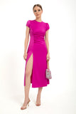 Silky Satin Midi Dress With Side Slit - Fuchsia Pink
