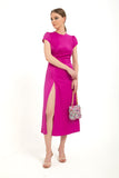 Silky Satin Midi Dress With Side Slit - Fuchsia Pink