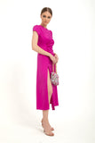 Silky Satin Midi Dress With Side Slit - Fuchsia Pink
