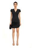 V-Neck Gathered Hip Mini Dress - Black