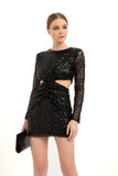Cut Out Long Sleeve Mini Dress - Black