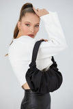 Pleated Satin Shoulder Bag - Black