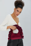 Frill Detail Velvet Shoulder Bag - Burgundy