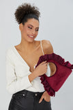 Frill Detail Velvet Shoulder Bag - Burgundy