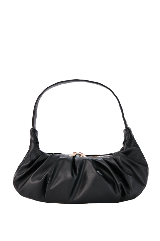 Pleated Vegan Leather Shoulder Bag - Black