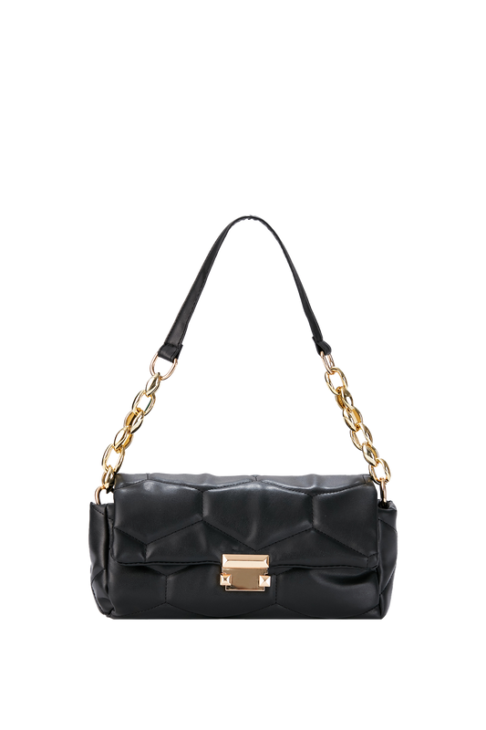 Quilted Vegan Leather Shoulder Bag - Black