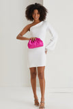 One Shoulder Mini Dress with Faux Feather Cuff - White