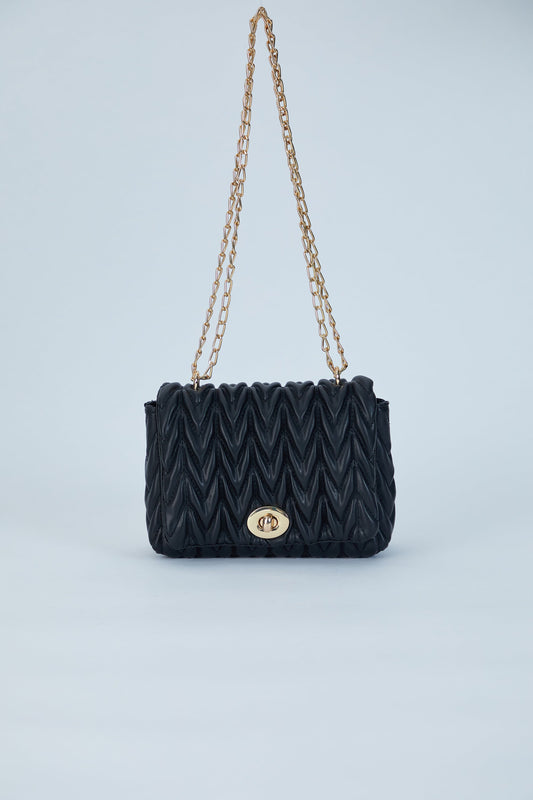 Wavy Vegan Leather Hand bag - Black