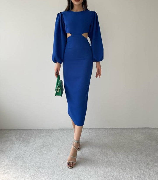 Balloon Sleeve Cutout Midi Dress - Royal Blue