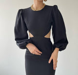 Balloon Sleeve Cutout Midi Dress - Black