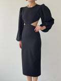 Balloon Sleeve Cutout Midi Dress - Black