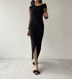 Asymmetric Neck Drape Midi Dress With Front Slit - Black