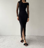 Asymmetric Neck Drape Midi Dress With Front Slit - Black