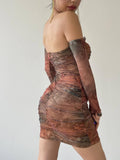 Sweetheart Neck Line Mesh Ruched Mini Dress - Printed