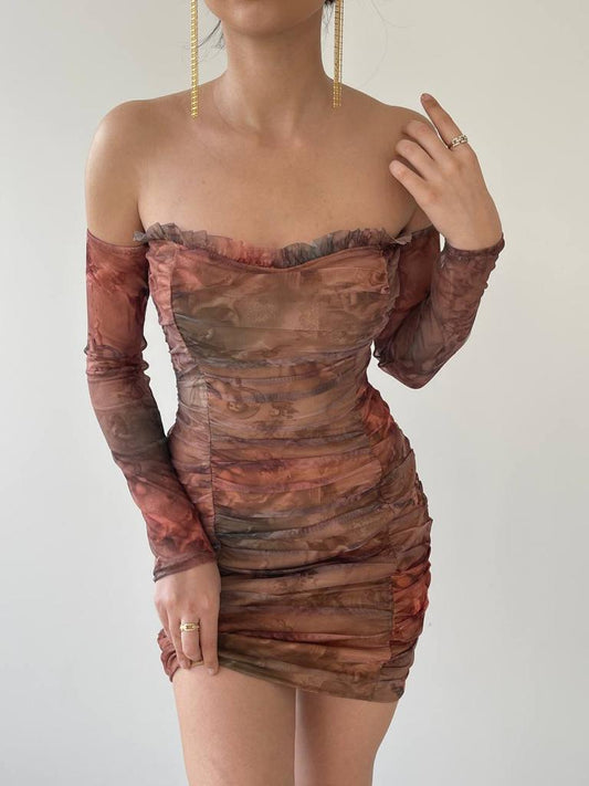 Sweetheart Neck Line Mesh Ruched Mini Dress - Printed