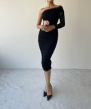 One Shoulder Mesh Ruched Midi Dress - Black