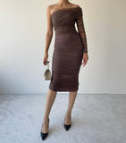 One Shoulder Mesh Ruched Midi Dress - Nude