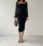 Chiffon Balloon Sleeve Drape Midi Dress - Black