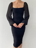Chiffon Balloon Sleeve Drape Midi Dress - Black