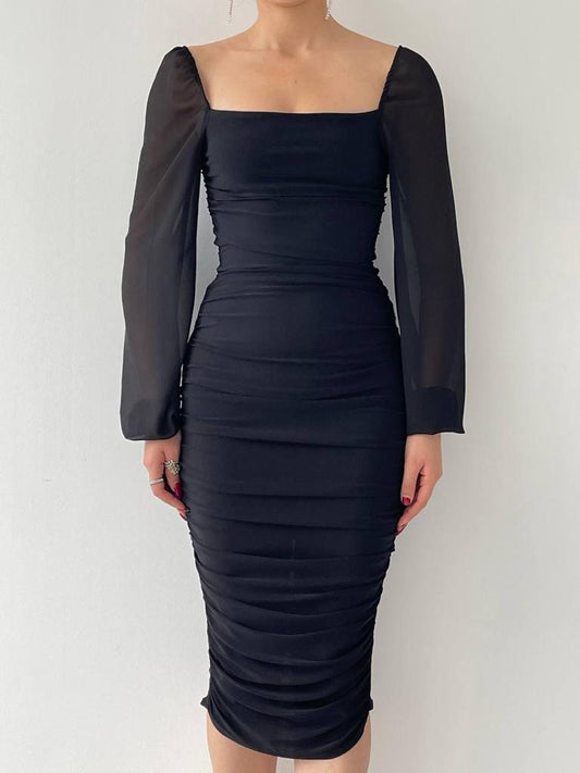 Chiffon Balloon Sleeve Drape Midi Dress - Black