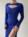 Cut Out Sweetheart Neck Line Midi Dress With Side Slit - Royal Blue