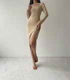 Cut Out Sweetheart Neck Line Midi Dress With Side Slit - Beige