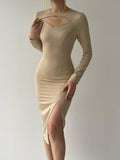 Cut Out Sweetheart Neck Line Midi Dress With Side Slit - Beige