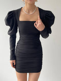 Ruched Sleeve Square Neck Drape Mini Dress - Black
