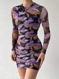 Mesh Ruched Mini Dress - Printed