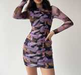 Mesh Ruched Mini Dress - Printed