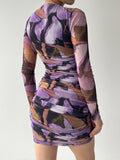 Mesh Ruched Mini Dress - Printed