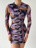 Mesh Ruched Mini Dress - Printed