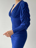 V-Neck Drape Midi Dress With Front Slip - Royal Blue