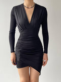 V-Neck Drape Asymmetric Hem Mini Dress - Black