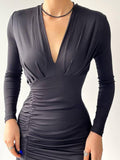 V-Neck Drape Asymmetric Hem Mini Dress - Black