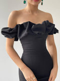 Ruffle Off The Shoulder Bodycon Midi Dress - Black