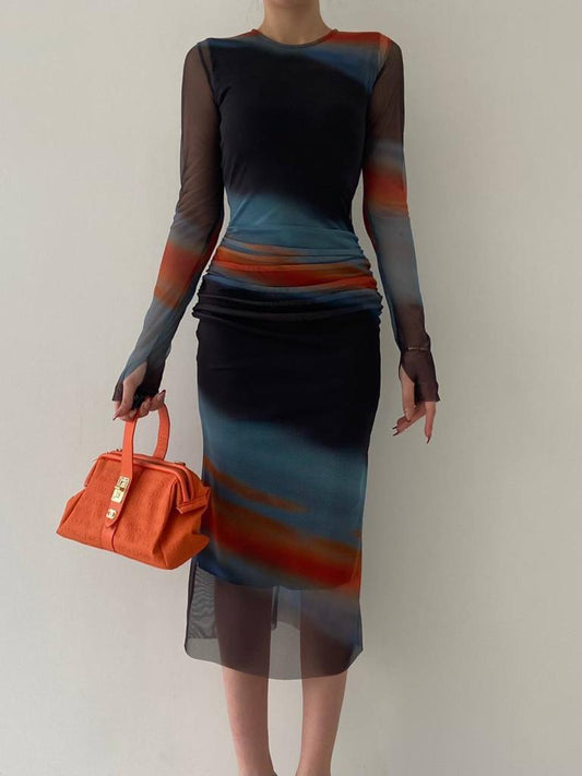 Tie Dye Off Print Midi Dress With Ruched Sides - Multi-Coloured