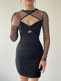 Cut Out Sweetheart Neck Line Drape Mini Dress - Black