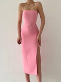 Woven Side Slit Midi Dress - Pink