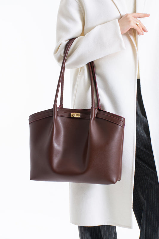 Large PU Leather Shopper Tote Bag with Matching Pouch - Burgundy