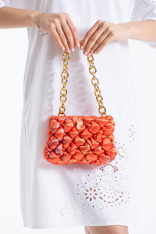 Floral Quilted Shoulder Grab  Bag with Gold Chain Strap - Multi