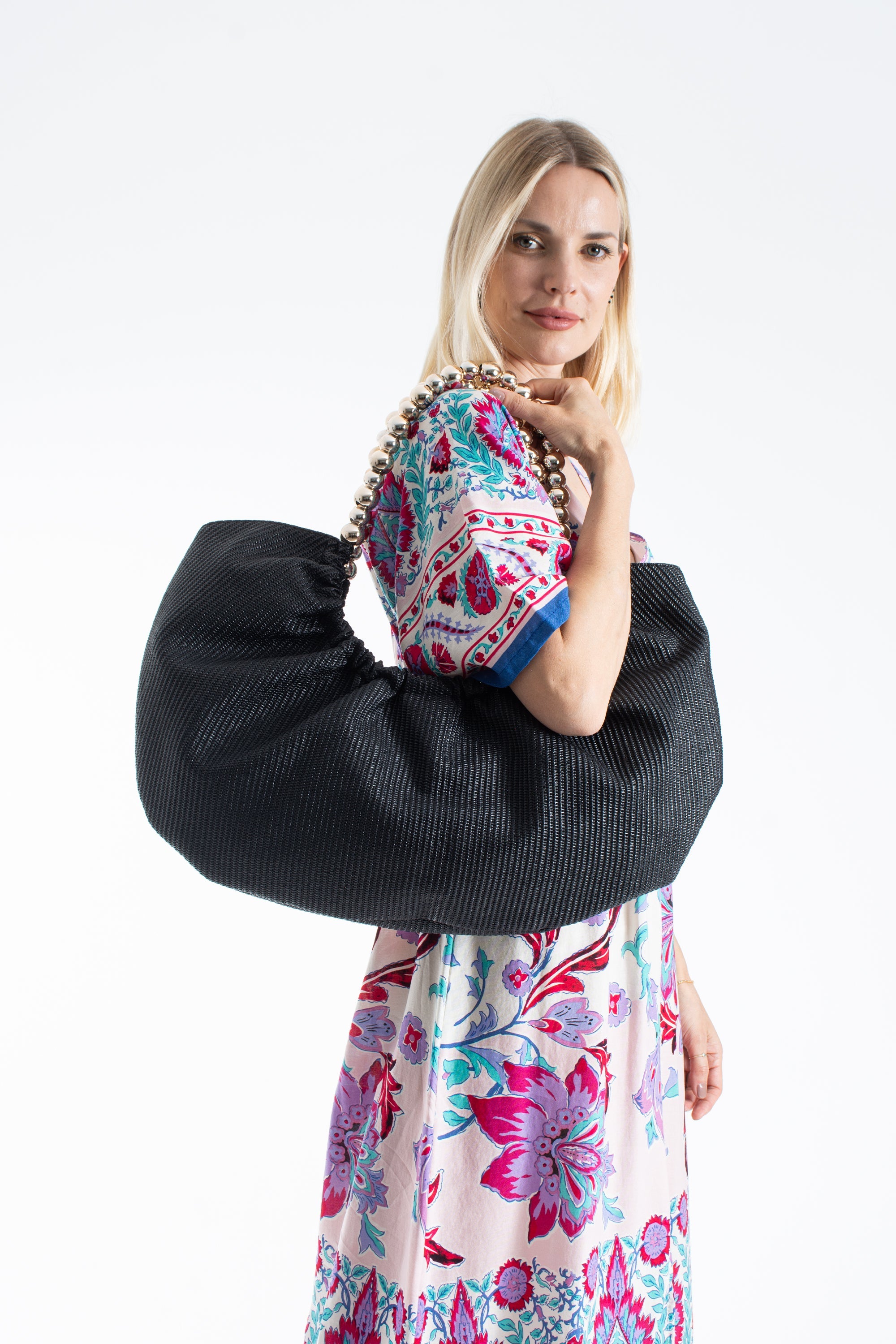 Woven PU Leather Slouchy Tote with Beaded Strap 2PCS Set - Black