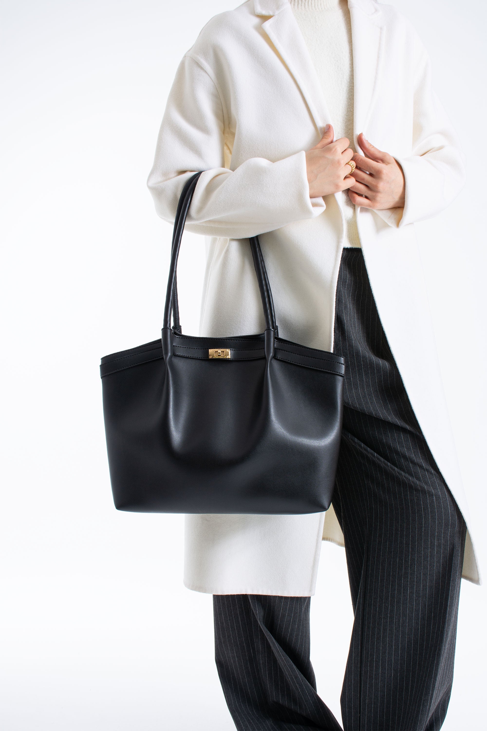 Large PU Leather Shopper Tote Bag with Matching Pouch - Black