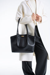 Large PU Leather Shopper Tote Bag with Matching Pouch - Black
