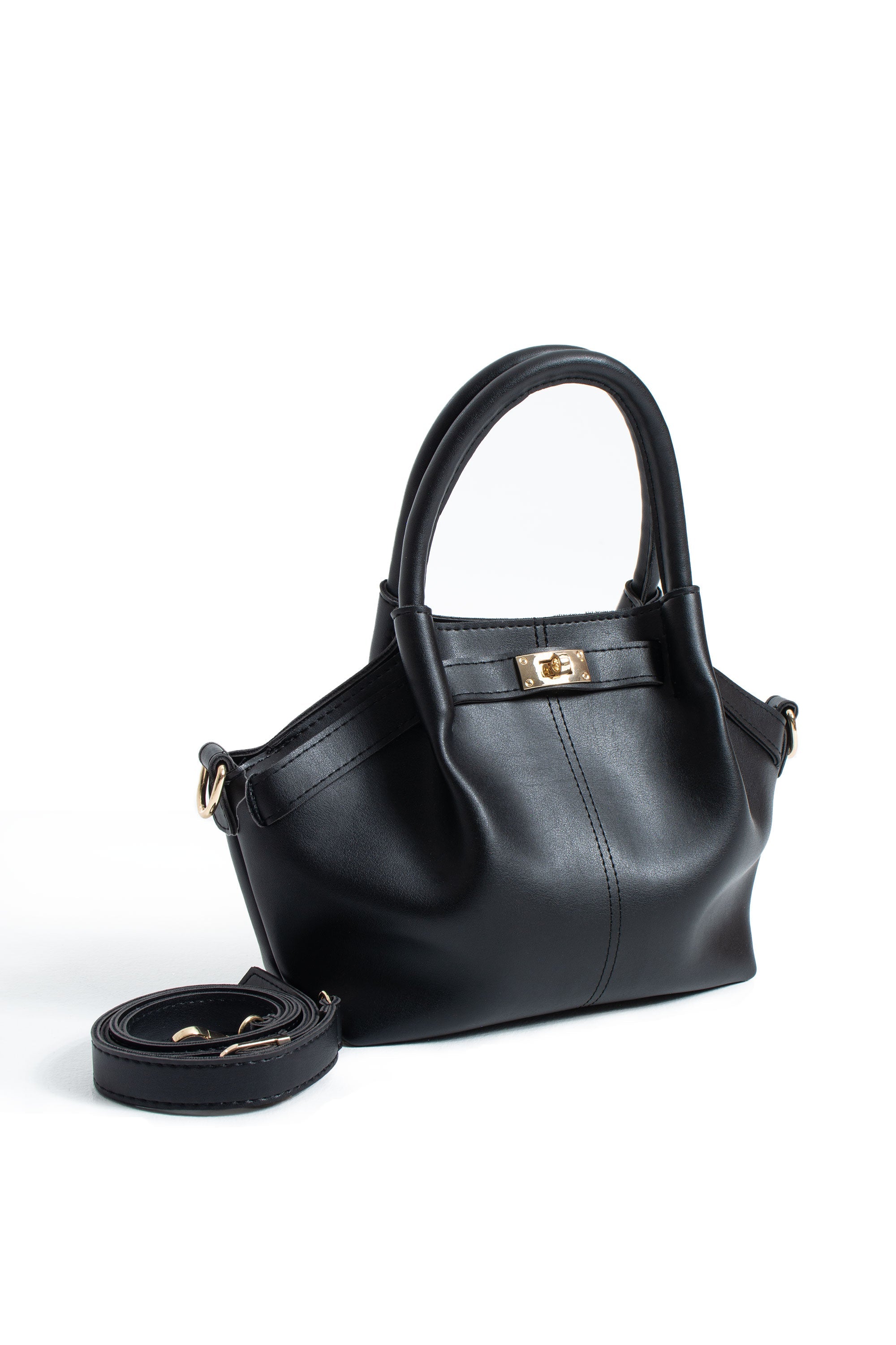 Pu Leather Top Handle Crossbody Bag with Twist Lock Detail - Black