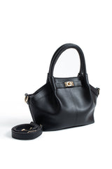 Pu Leather Top Handle Crossbody Bag with Twist Lock Detail - Black