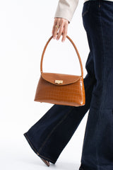 Croc Pu Flap Shoulder Bag - Tan
