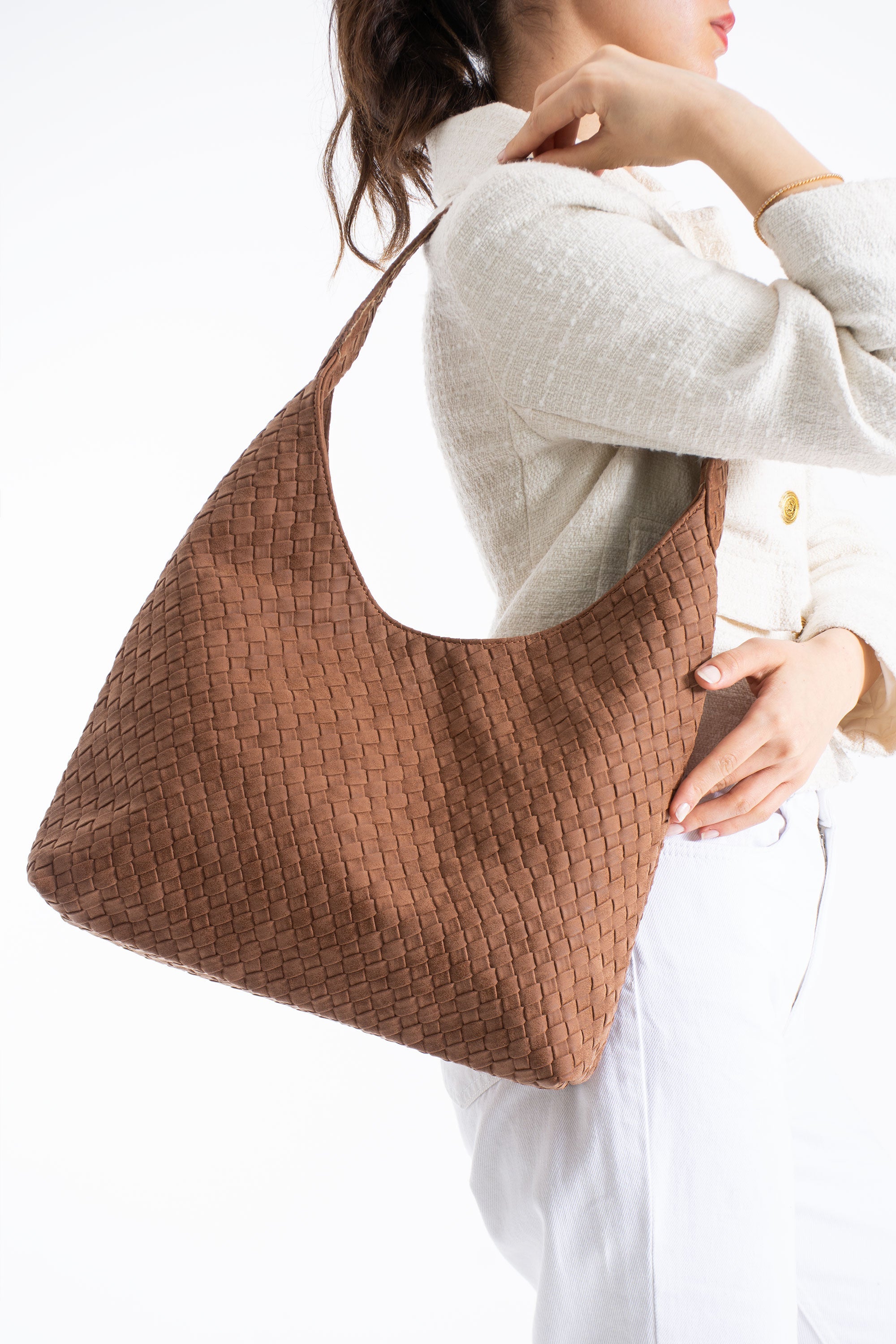 Woven Suede Slouchy Tote Bag with Matching Zipper Pouch 2PCS Set - Tan