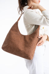 Woven Suede Slouchy Tote Bag with Matching Zipper Pouch 2PCS Set - Tan